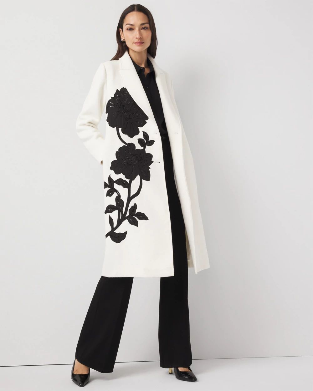 Floral Embellished Wool-Blend Melton Coat | White House Black Market